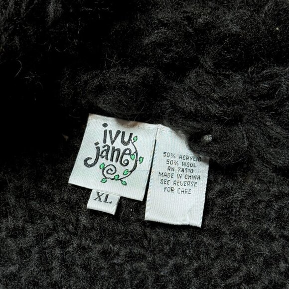 Black Shaggy Sweater Cardigan Ivy Jane Wool Blend Size XL Pom Pom Whimsigoth - Picture 5 of 10